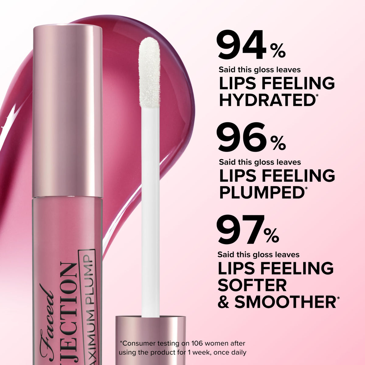 Too Faced on model lips illustrating instant plumping effect and shine