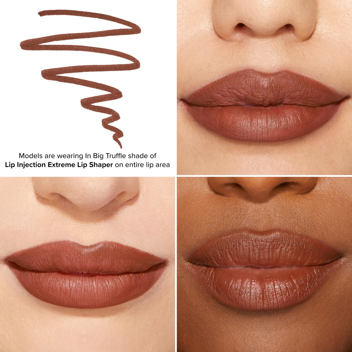 Too Faced color swatch on skin displaying Big Truffle shade and longwear benefit