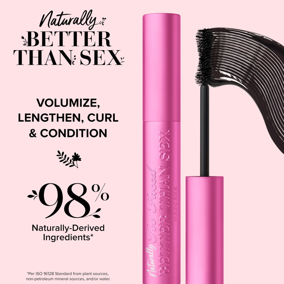 Too Faced mascara texture on wand highlighting bamboo-fiber build for fuller lashes