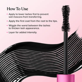 Too Faced mascara applied on lashes showing length and curl for dramatic effect