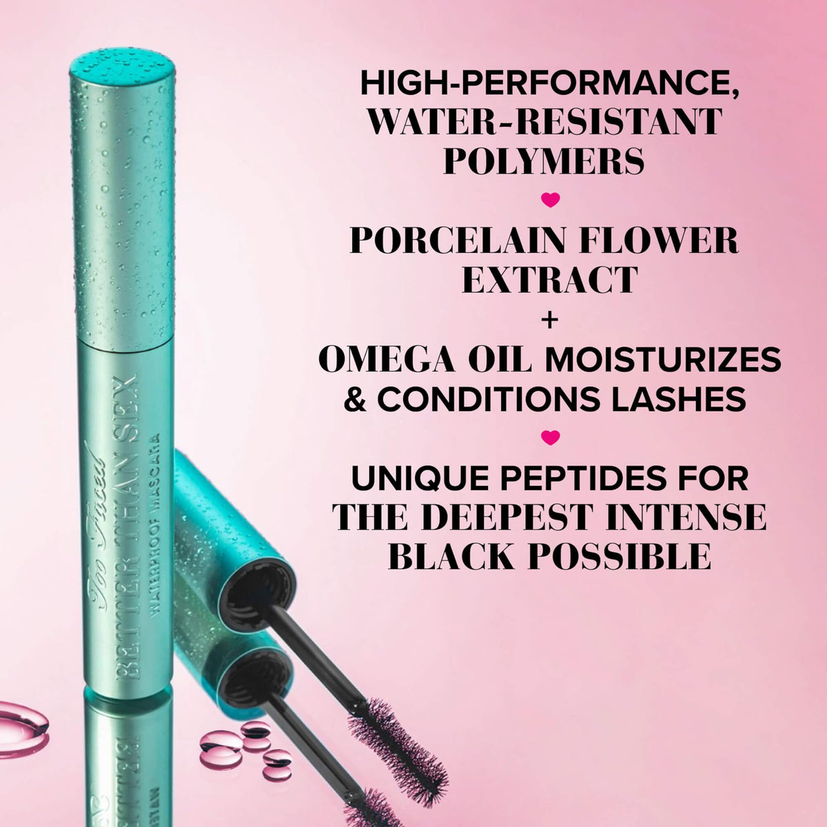 Too Faced wand loaded with mascara showing rich black coating benefit