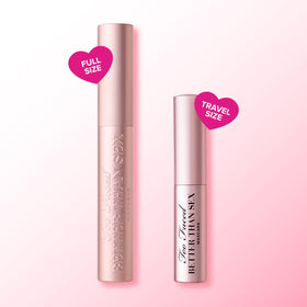 Too Faced tube styled with makeup backdrop highlighting premium beauty appeal