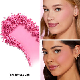Too Faced blush pan close-up highlighting velvety fine-milled texture benefit