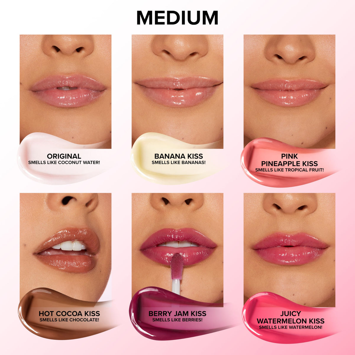 Too Faced lip swatch displaying Watermelon Kiss sheen and hydrated look