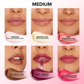Too Faced lip swatch displaying Watermelon Kiss sheen and hydrated look