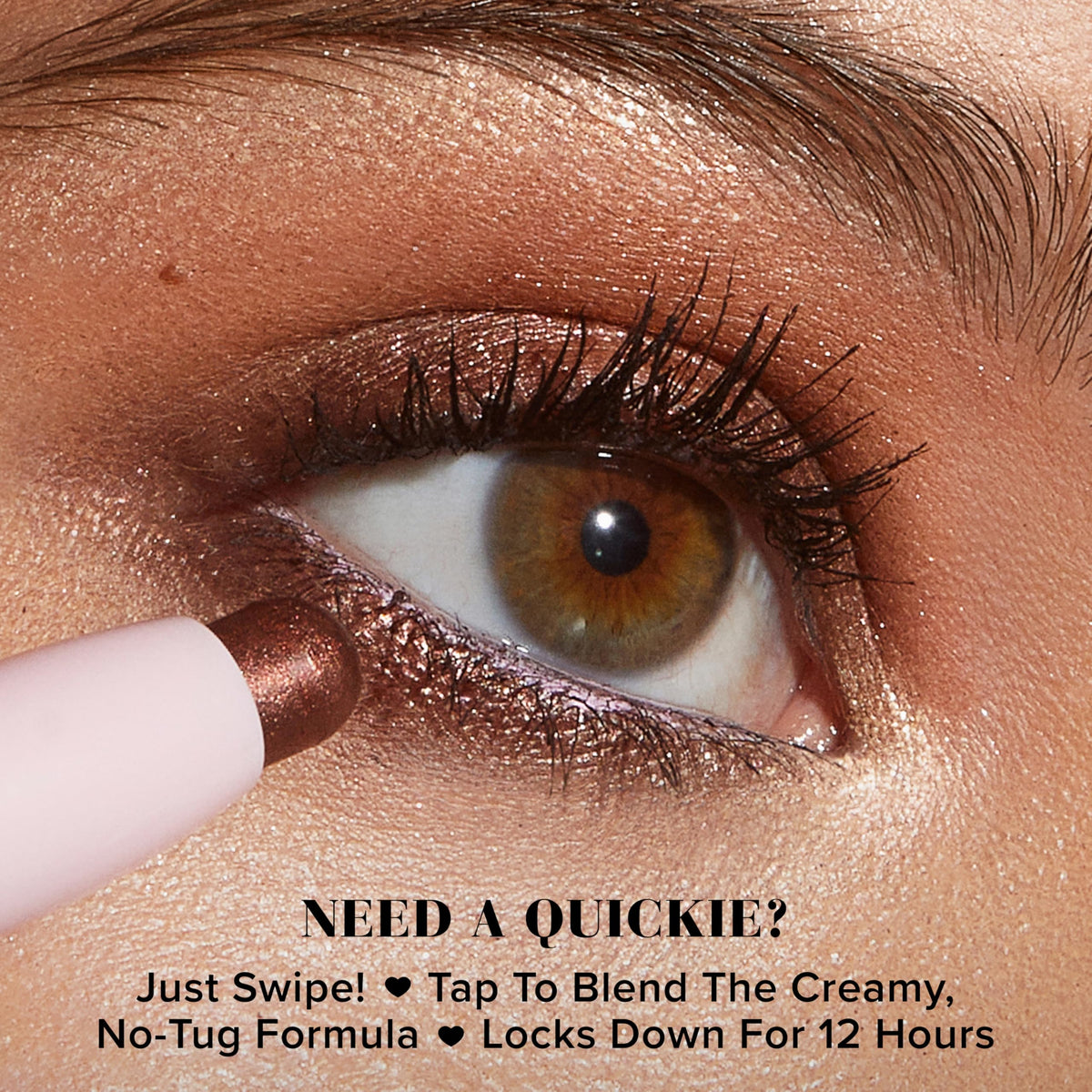 Too Faced before-and-after eyelid image showing visible shimmer and non-creasing finish