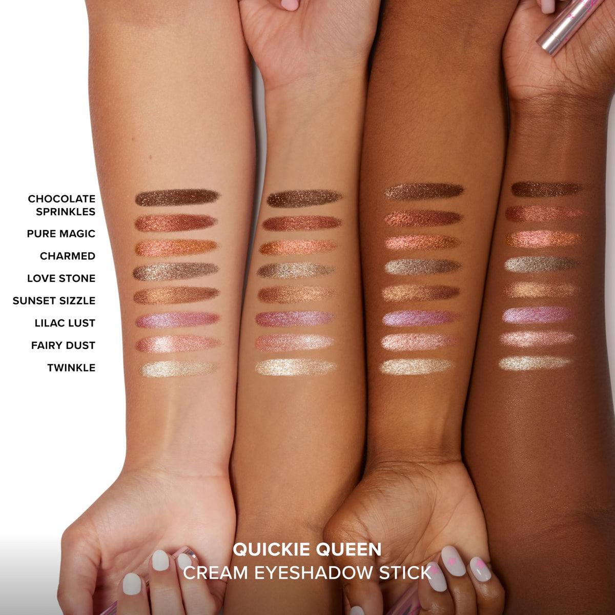 Too Faced stick in hand applying to eyelid showing quick swipe-and-go convenience