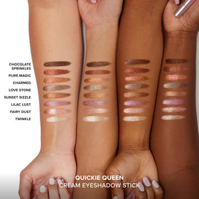 Too Faced stick in hand applying to eyelid showing quick swipe-and-go convenience