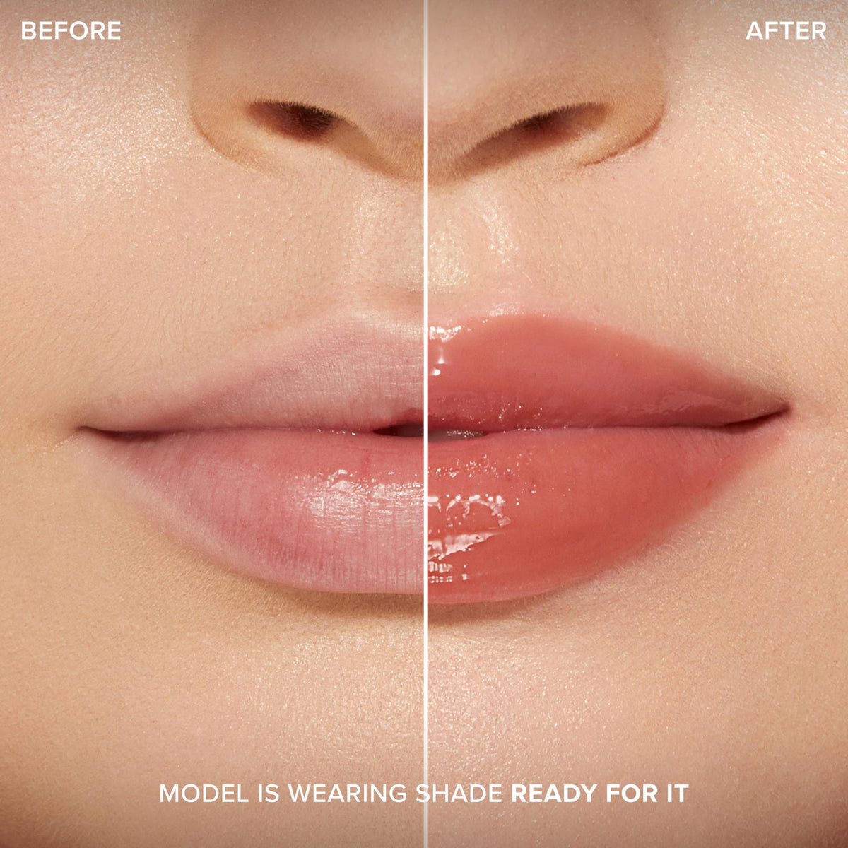 Too Faced gloss in use on model showing visible fullness and shine benefit
