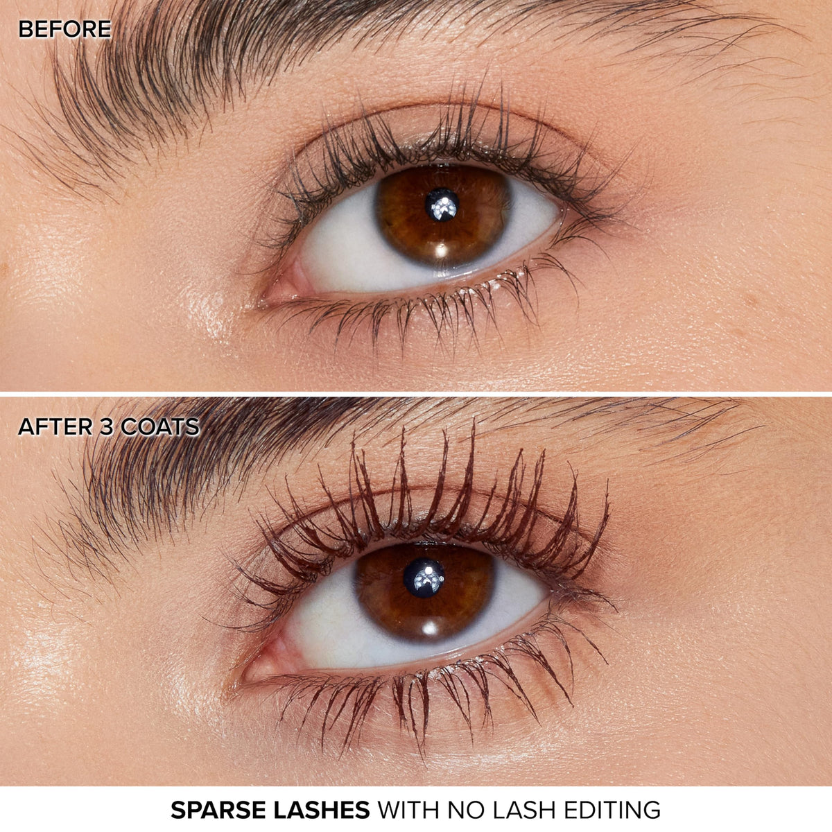 Too Faced mascara next to hand illustrating 0.27 fl oz size and scale