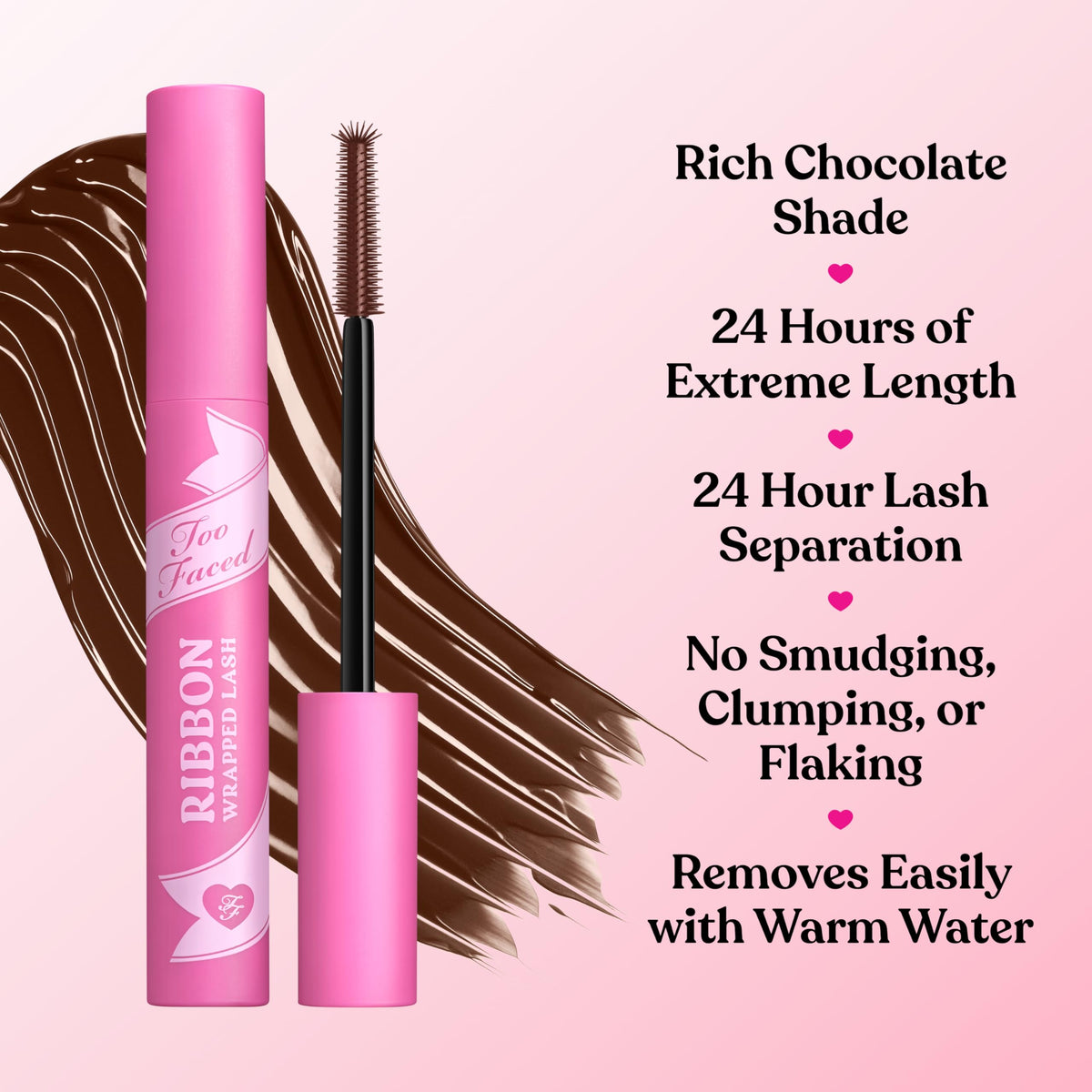 Too Faced black formula swatch illustrating tubing texture and coverage