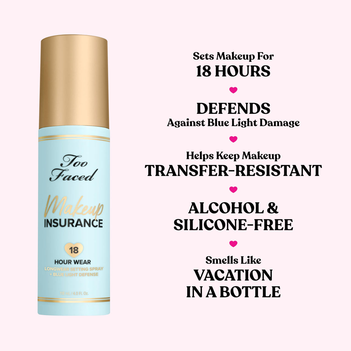 Too Faced bottle label close-up with ingredient callouts, emphasizes antioxidant formula
