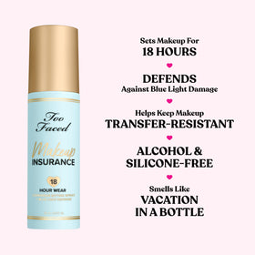 Too Faced bottle label close-up with ingredient callouts, emphasizes antioxidant formula