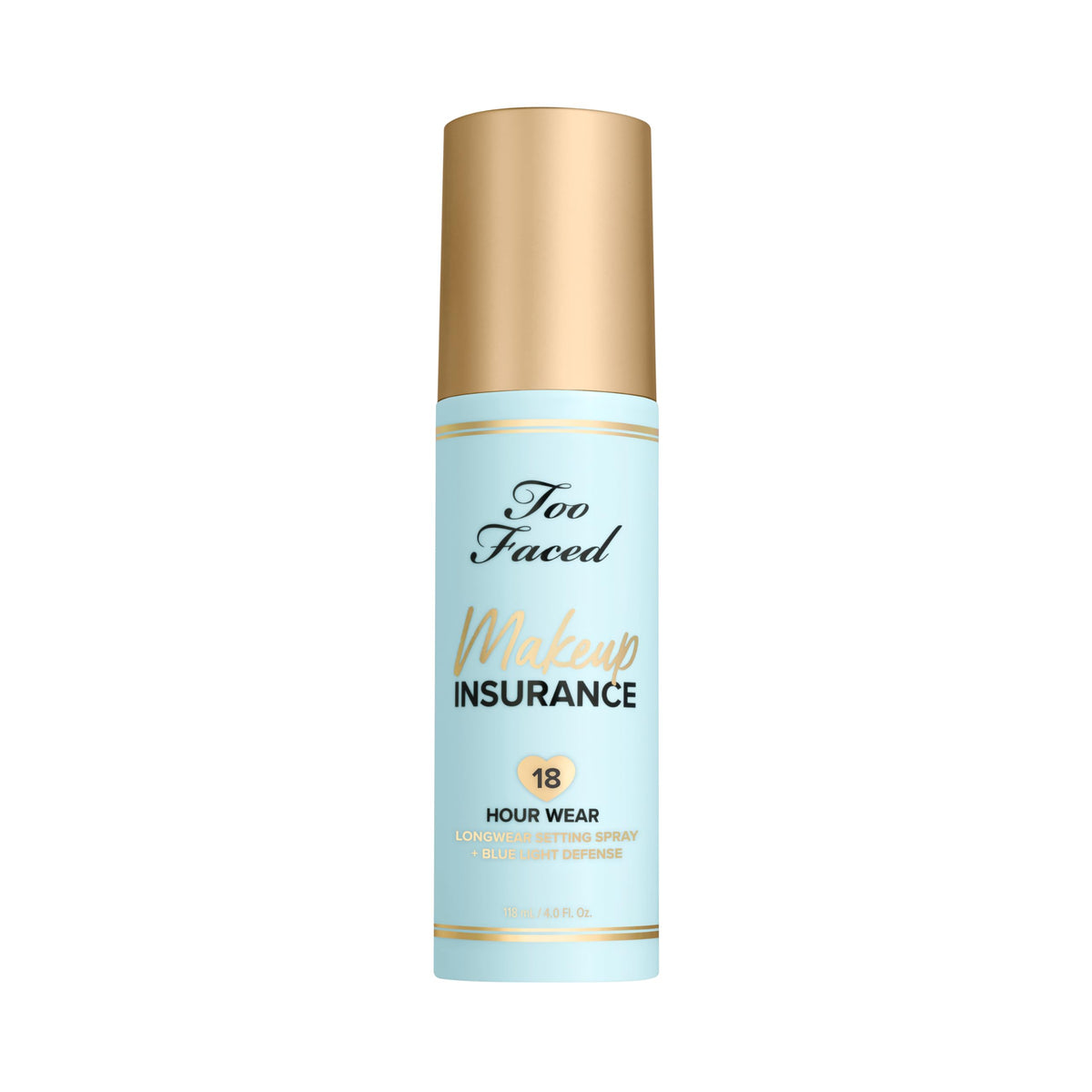 Too Faced setting spray front packaging showing bottle and label, highlights long wear