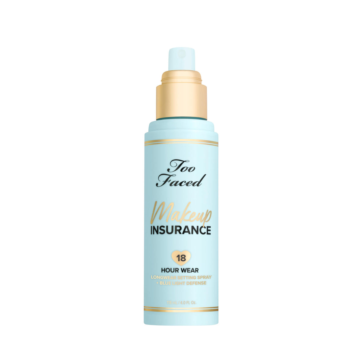 Too Faced setting spray inside a makeup bag on vanity, suggests everyday convenience