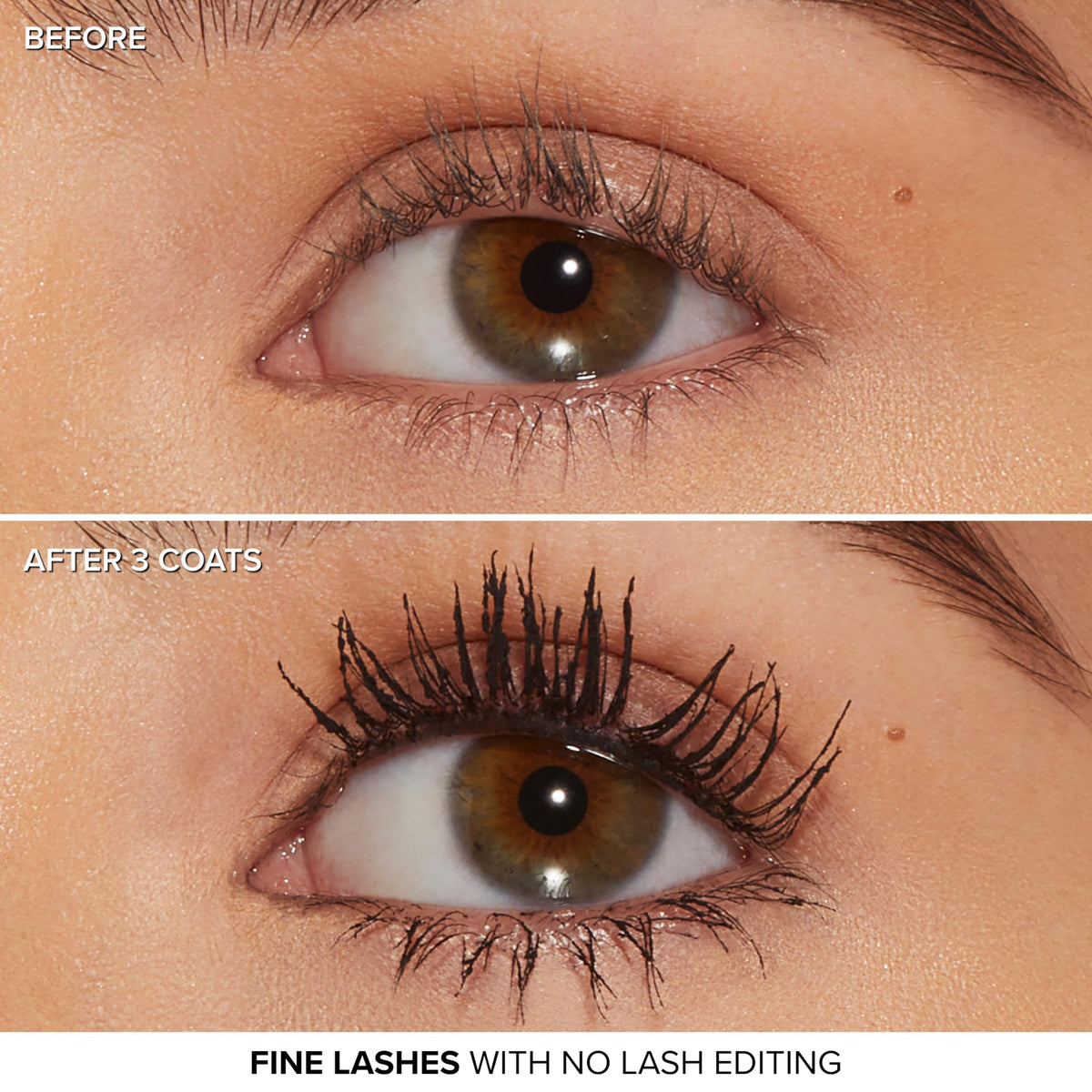 Too Faced mascara next to ruler showing compact size and travel-friendly benefit