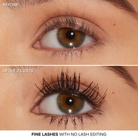 Too Faced mascara next to ruler showing compact size and travel-friendly benefit