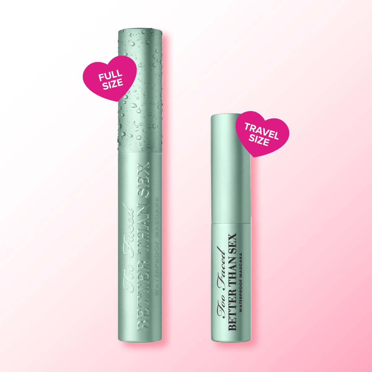 Too Faced tube beside pen showing compact travel-friendly size benefit