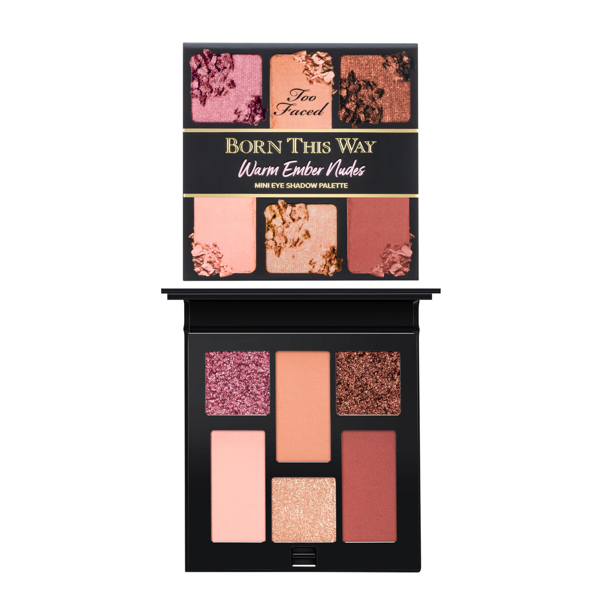 Too Faced compact front view showing warm ember nudes and secure closure benefit