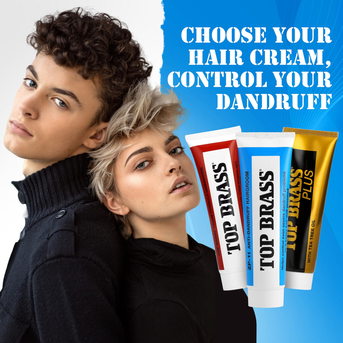 Top Brass styled hair after use showing neat, controlled, dandruff-free look