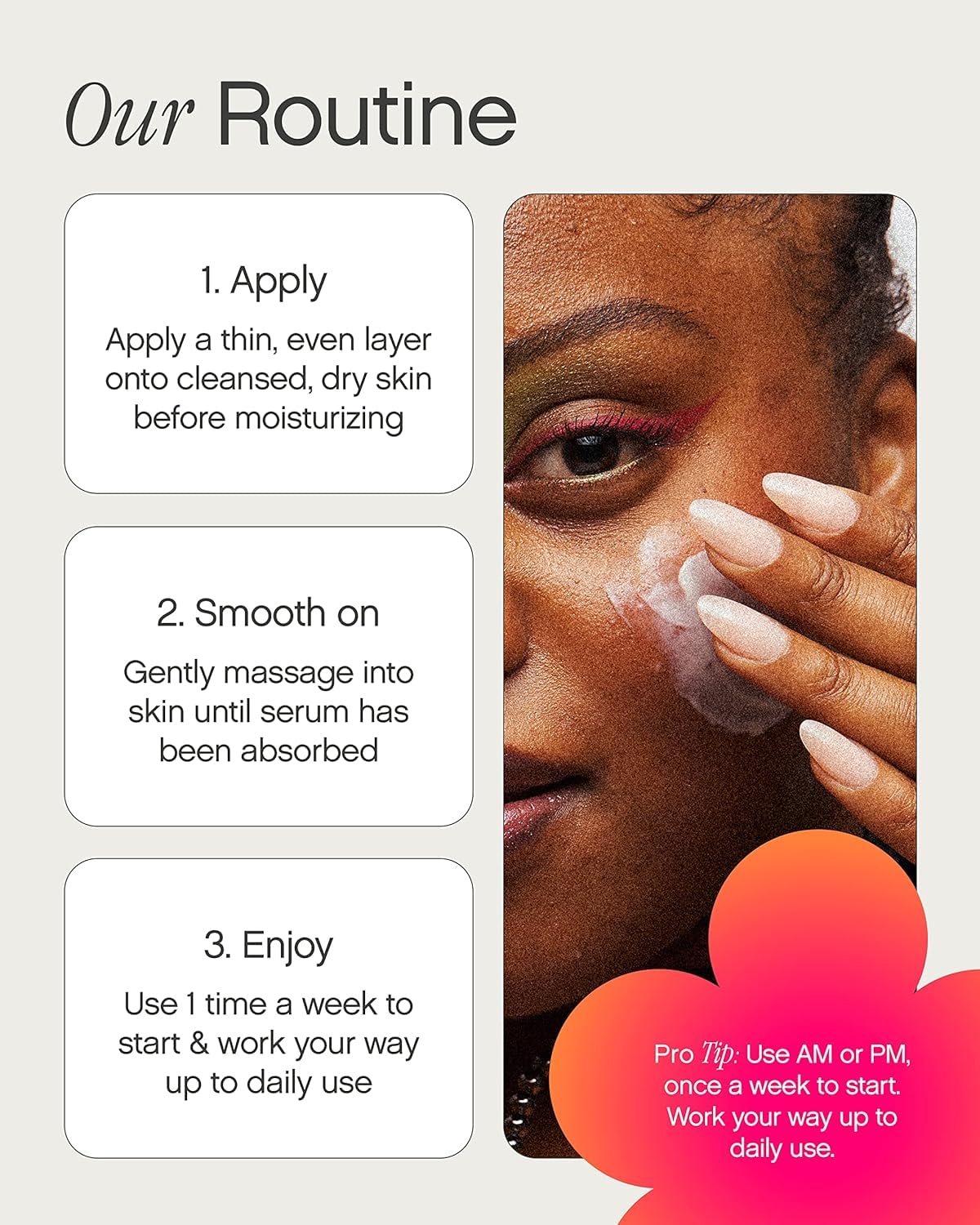 Topicals application on cheek demonstrating targeted use and visible evening benefit