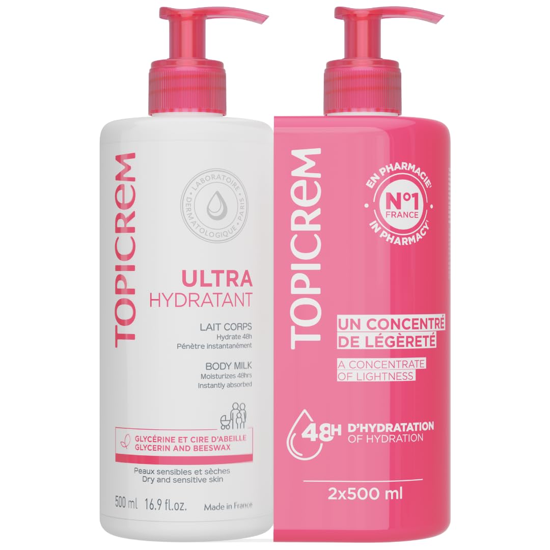 Topicrem front packaging showing 2 x 500ml bottles and clear benefit