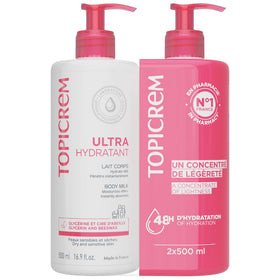 Topicrem front packaging showing 2 x 500ml bottles and clear benefit