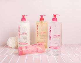 Topicrem bottle in bathroom lifestyle scene conveying everyday convenience