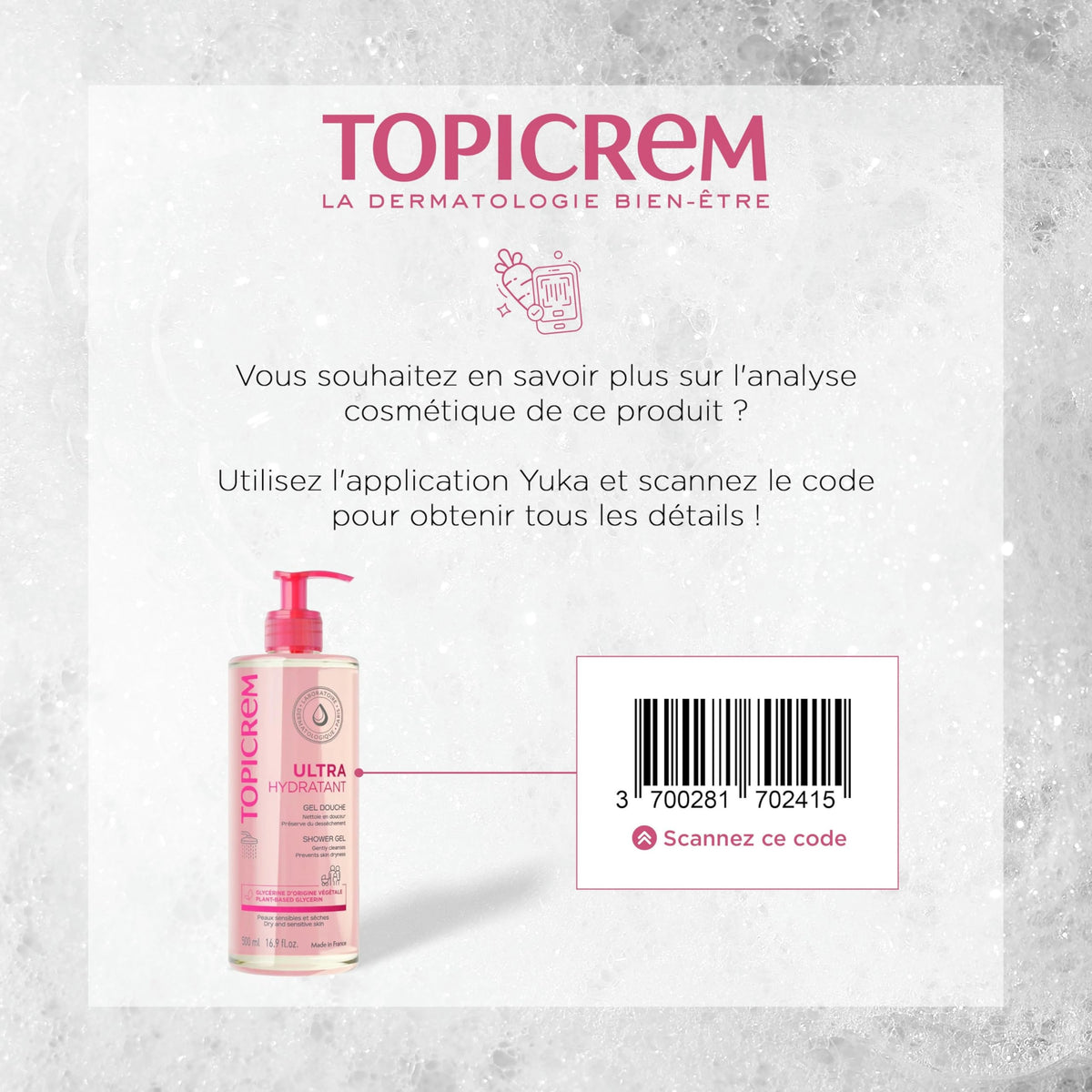 Topicrem texture foam close-up demonstrating gentle lather and softness