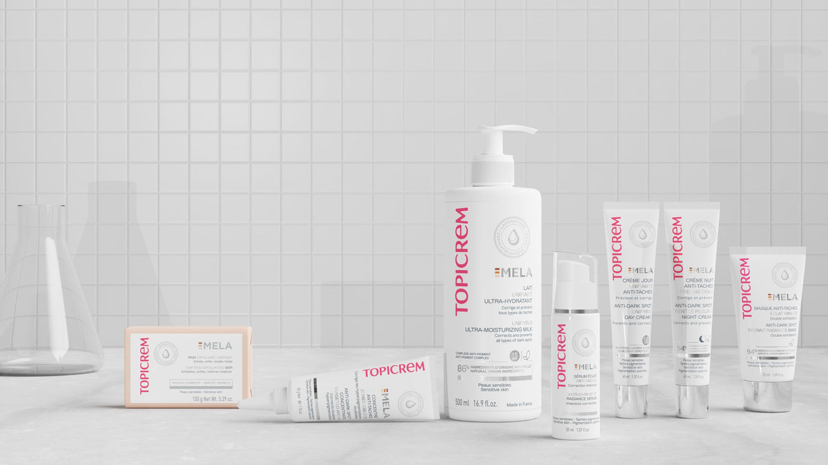 Topicrem boxed product on shelf conveying French-made dermatological formulation
