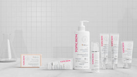 Topicrem boxed product on shelf conveying French-made dermatological formulation