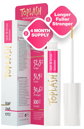 Toplash front packaging showing bottle and benefits for fuller lashes