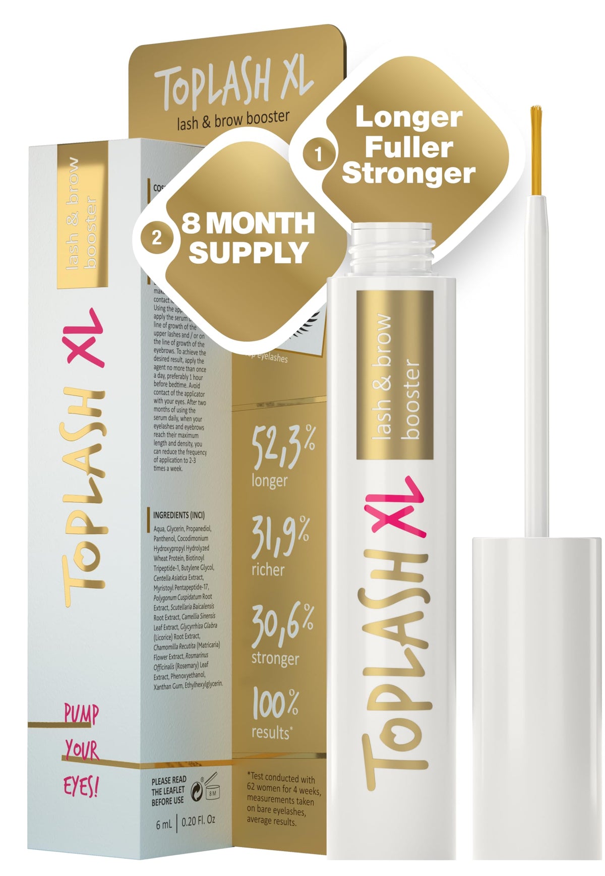 Toplash front packaging showing bottle and box benefits