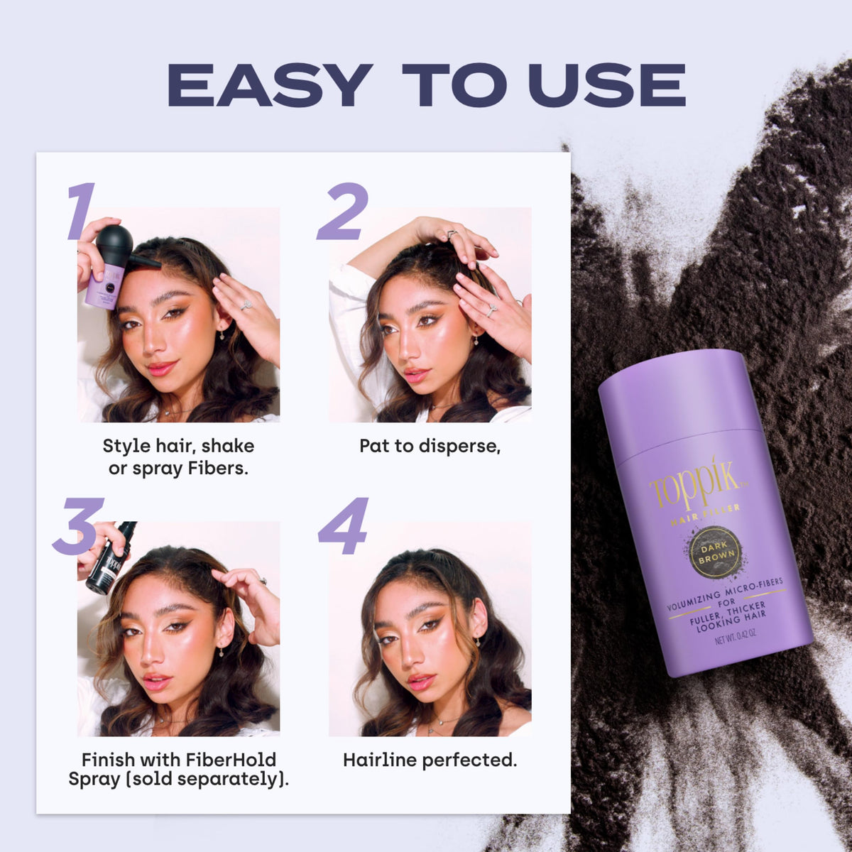 TOPPIK fibers being applied to part line for fuller-looking hair benefit