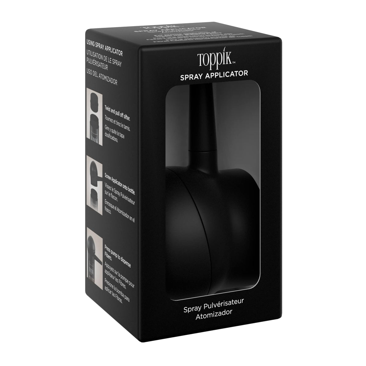 TOPPIK applicator in use on hairline demonstrating targeted coverage and natural result