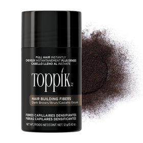 TOPPIK front packaging showing dark brown fibers and benefit of instant fullness