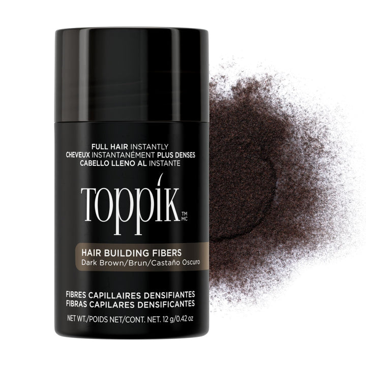 TOPPIK front packaging showing dark brown fibers and benefit of instant fullness