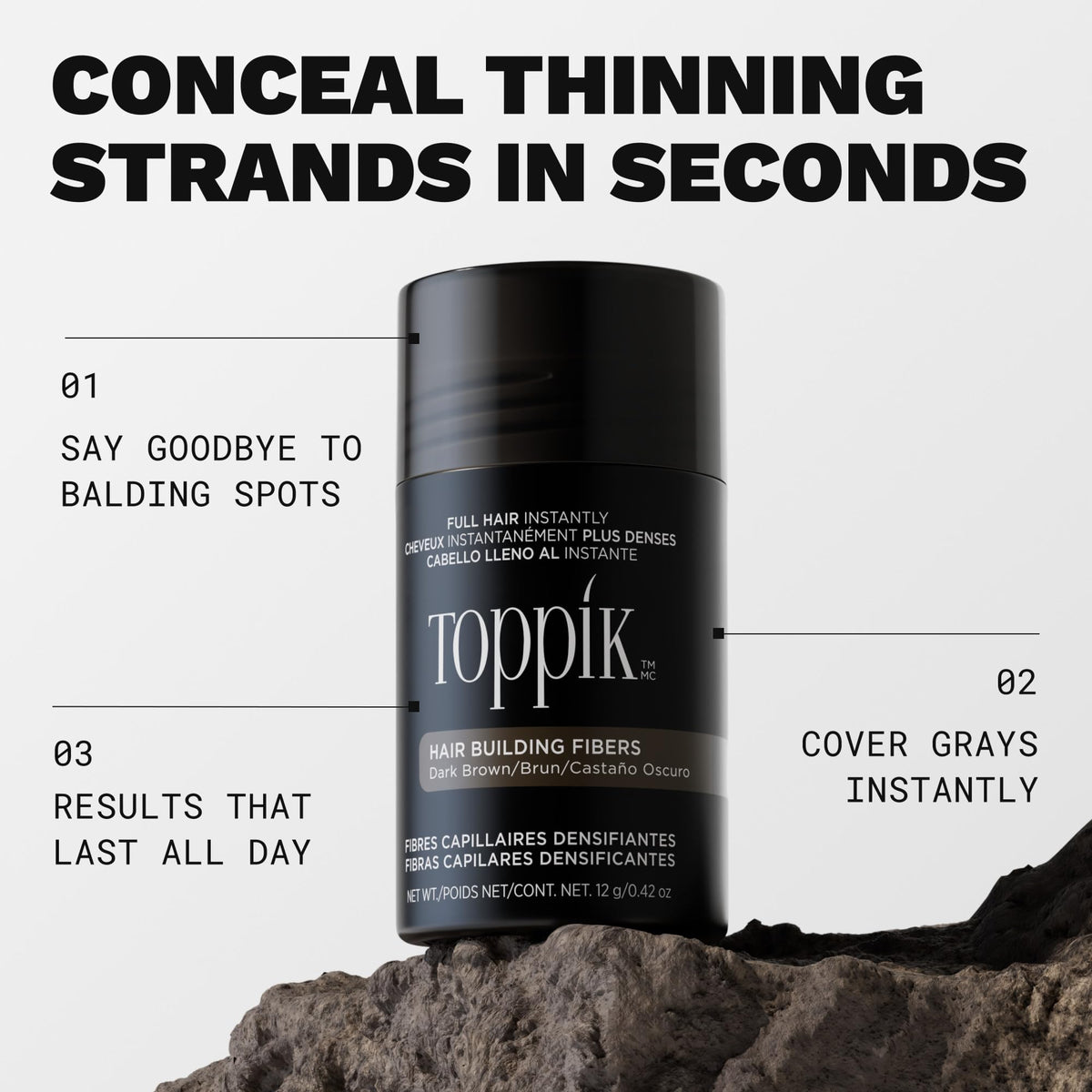 TOPPIK fibers close-up texture showing keratin fibers for natural blend