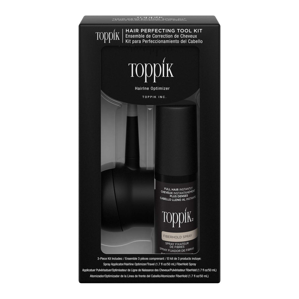 TOPPIK front packaging of the Hair Perfecting Toolkit showing components and travel spray for controlled application