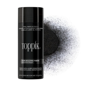 Toppik front packaging bottle showing 27.5g black fibers and easy storage benefit