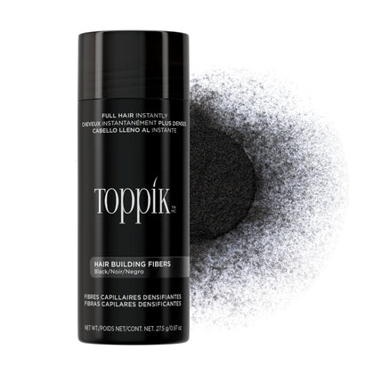 Toppik front packaging bottle showing 27.5g black fibers and easy storage benefit