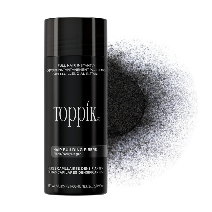 Toppik front packaging bottle showing 27.5g black fibers and easy storage benefit