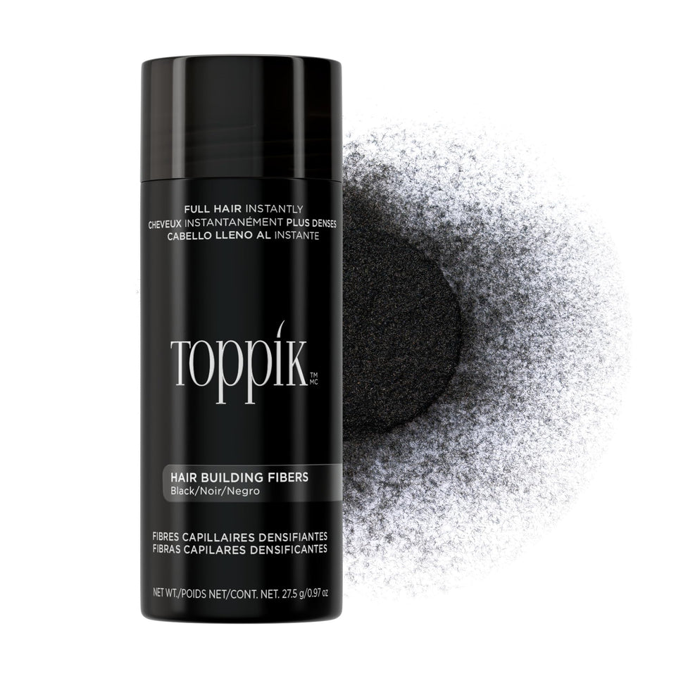Toppik front packaging bottle showing 27.5g black fibers and easy storage benefit
