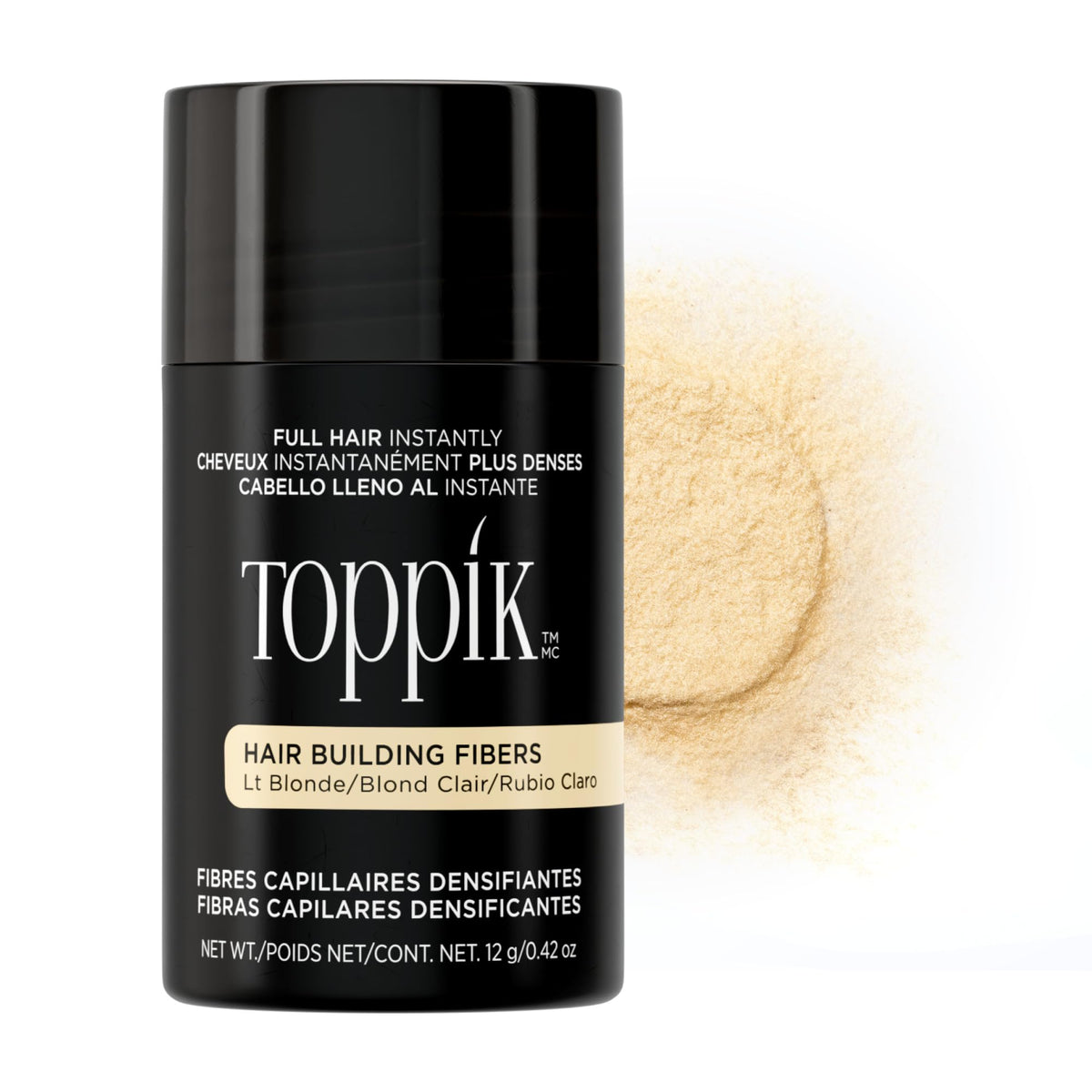 Toppik front packaging showing light blonde bottle and branding for instant coverage