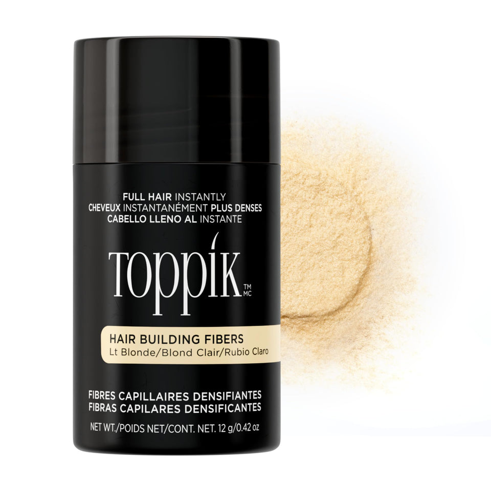 Toppik front packaging showing light blonde bottle and branding for instant coverage