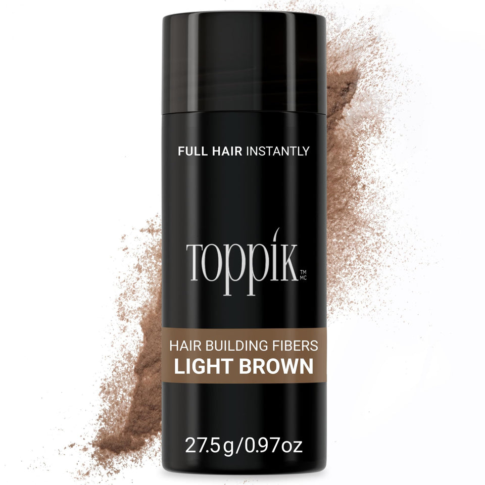 TOPPIK bottle front showing Light Brown color and easy application benefit