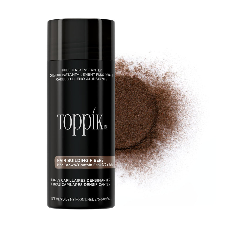 Toppik medium brown jar front view showing compact packaging and convenience