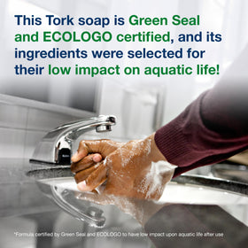 Tork bottle next to coffee mug showing 1L scale and supply benefit