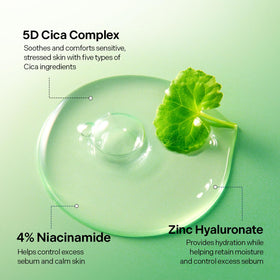 Torriden ingredient label close-up highlighting 5D Cica and 4% niacinamide benefits