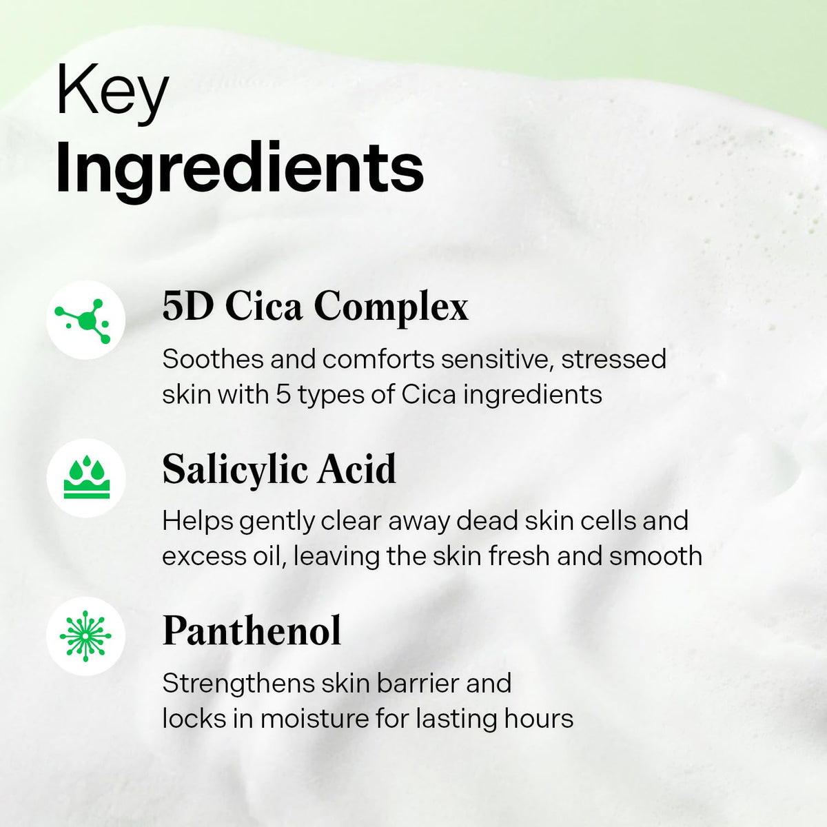Torriden label ingredients close-up highlighting BHA, PHA and 5D CICA benefits